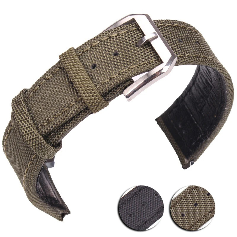 Nylon Nato Strap - สายนาฬิกาหนังไนลอนแท้20มม. 21มม. 22มม. สาย unisex สีเขียวสีดำพร้อมหัวเข็มขัดเงิน